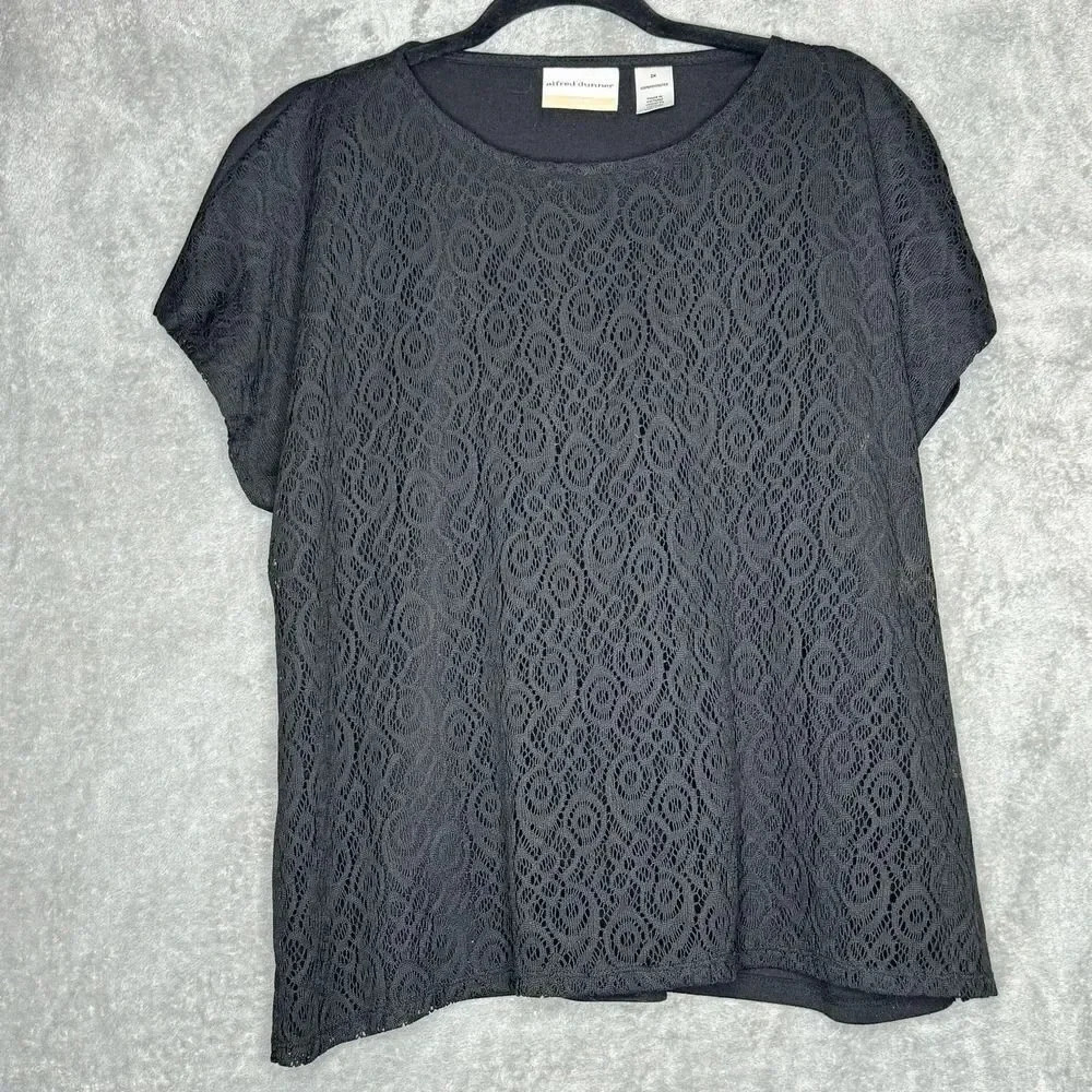 Alfred Dunner 2X Shirt Top Black Solid Short Sleeve Round Neck Knit